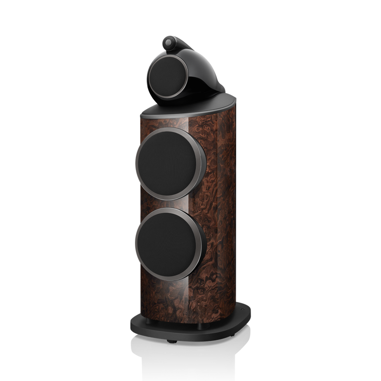 801 D4 Signature - California Burl Gloss side front covered woofers view